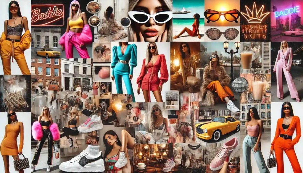 Baddiehub - A vibrant and stylish collage of trending outfits, beauty looks, and lifestyle shots. The collage features fashionable streetwear, glamorous dresses.