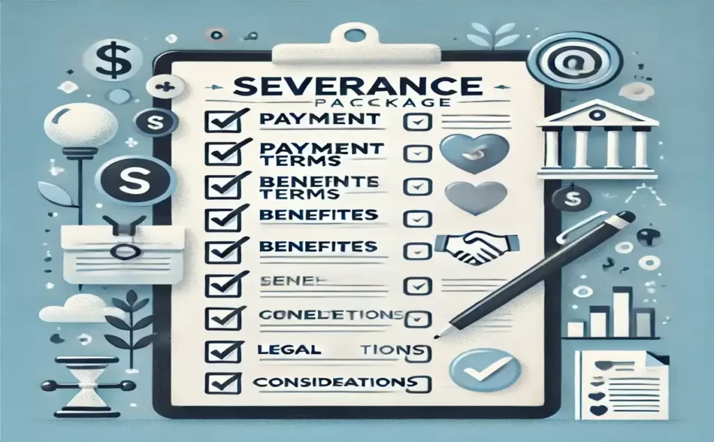 A visually appealing checklist graphic outlining key components of a severance package. The design features a clipboard with a checklist