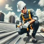 A professional roof inspector wearing a safety harness and hard hat, standing on a large commercial rooftop with inspection tools in hand.