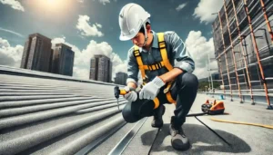 A professional roof inspector wearing a safety harness and hard hat, standing on a large commercial rooftop with inspection tools in hand.